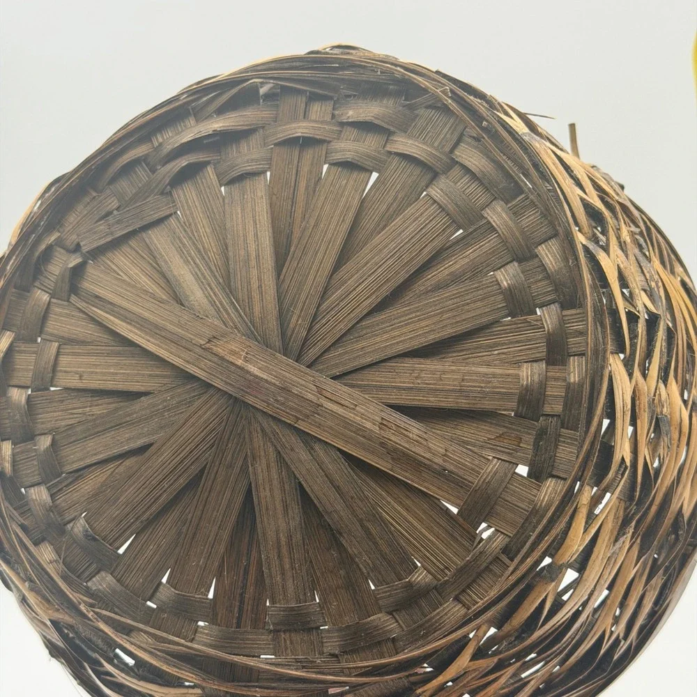 Vintage Woven Wood Round Basket with Tall Handle Brown Rustic Farmhouse Decor
